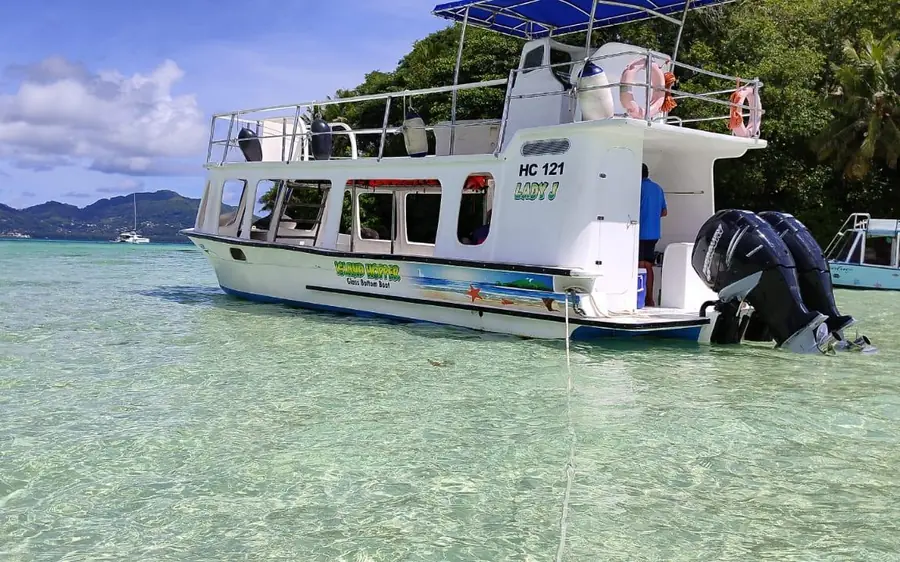 A glass-bottom boat in the marine park at Mah&eacute;